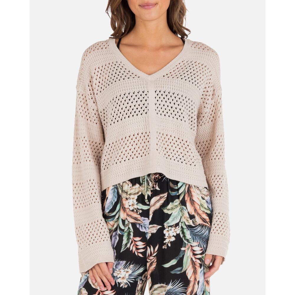 Hurley Women's Easy Times Crochet Cropped Pullover Sweater Moonlight Tan Size XS